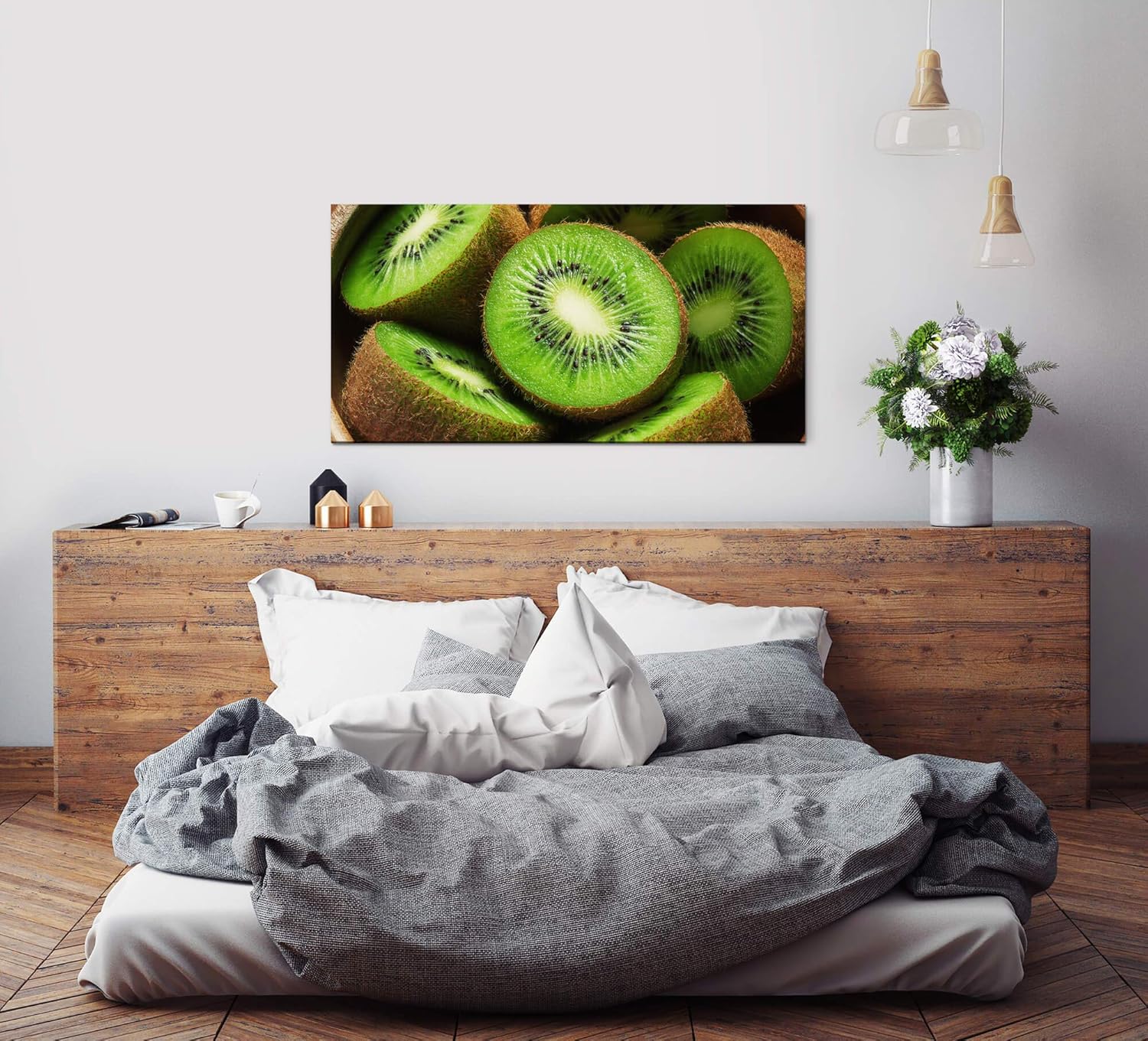 Kiwis in einer Holz Schüssel ca. 130x70cm Wandbild inklusive Schattenfugenrahmen schwarz - Panorama Leinwand Bild XXL Format Wandbilder Wohnzimmer Wohnung Deko Kunstdrucke