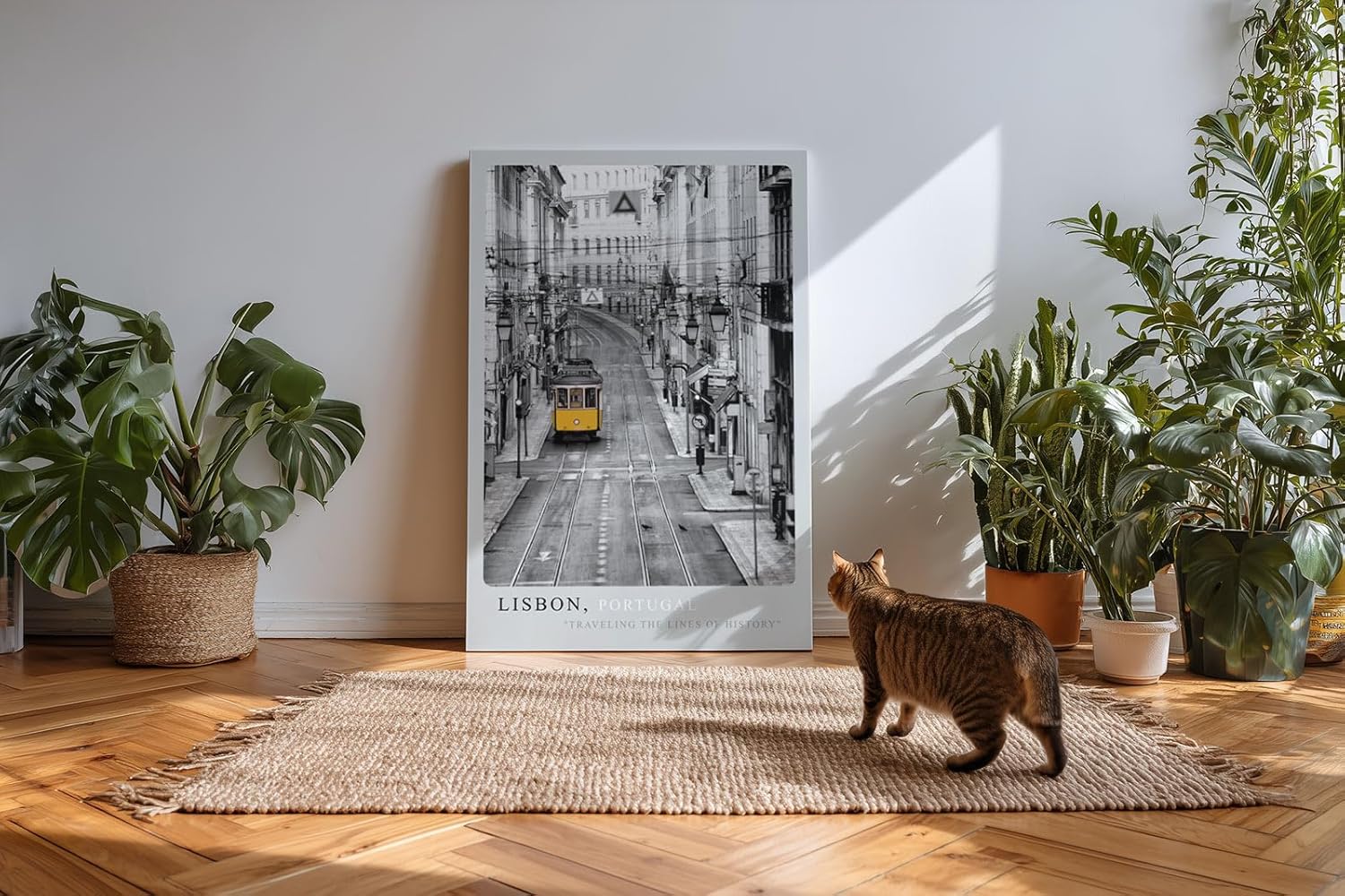 Paul Sinus Kunstdruck 40x60cm Lissabon mit gelber Straßenbahn – historisches Stadtbild mit farbigem Akzent in Schwarzweiß