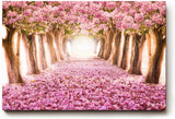 Sinus Art Wandbild 120x80cm Märchenhafter Weg unter rosa Blütenbäumen mit Perspektive und Tiefe