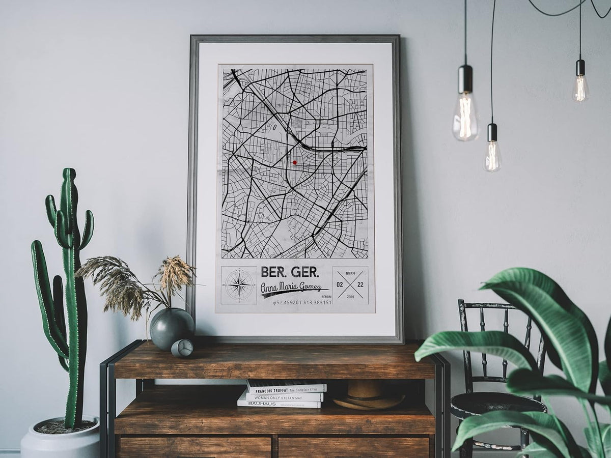 Paul Sinus Bilderrahmen einzigartiger Stadtplan mit deinen GPS Koordinaten und Namen. 30cm x 42cm Holz Wechselrahmen mit Glas und Passepartout. Geschenkidee. Vintage (ohne Rahmen)
