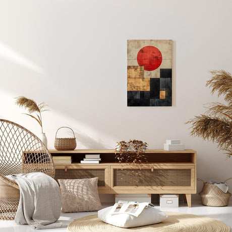 Paul Sinus 60x90cm Wandbild Kraftvolle Geometrie – Abstraktes Fokuskunstwerk mit roter Sonne und klaren Formen