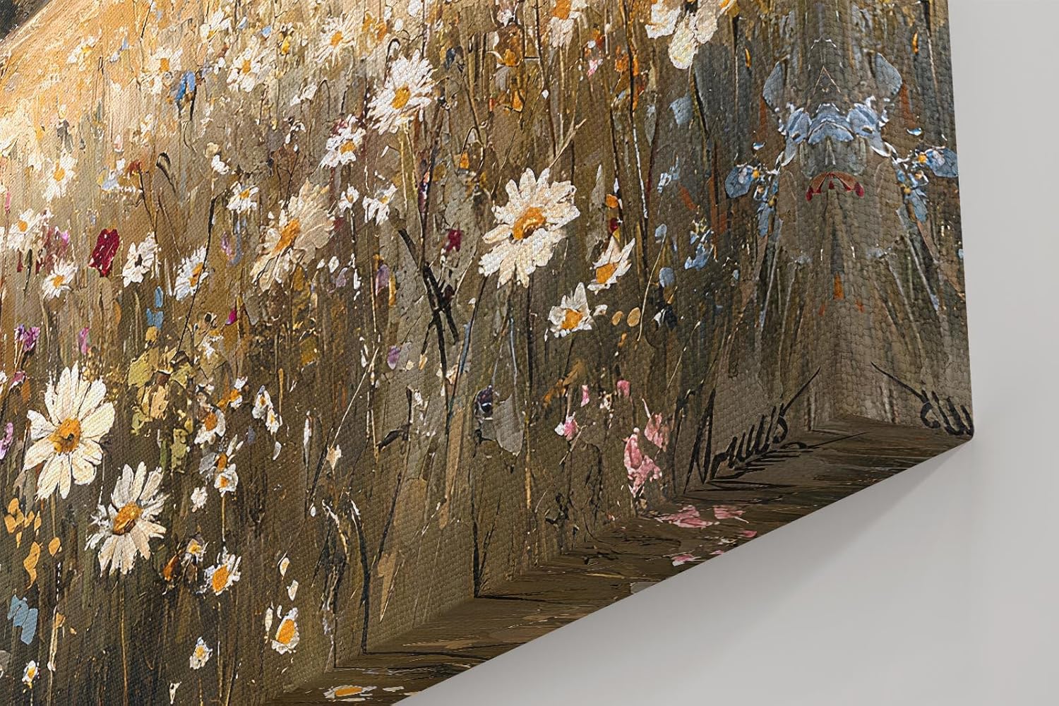 Sinus Art Wandbild 120x80cm Sanftes Naturmotiv mit blühender Wiese, Wildblumen und Bauernhof in weiter Hügellandschaft