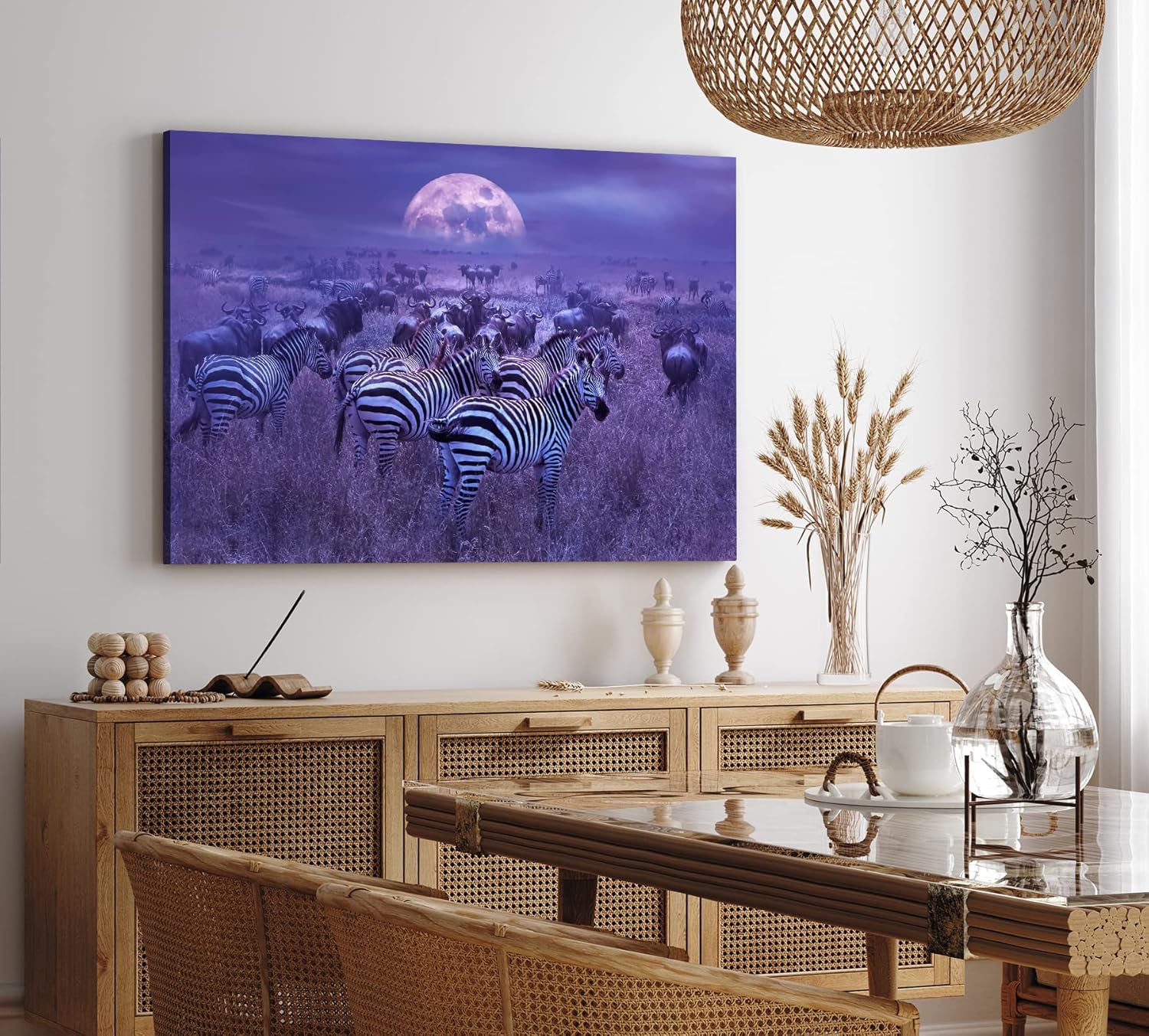 Paul Sinus Wandbild 120x80cm Afrika Landschaft Wildnis Zebras Gnus Herden Vollmond