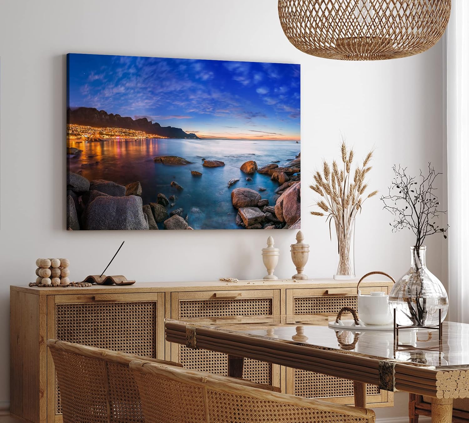 Paul Sinus Wandbild 120x80cm Küstenstadt Meer Felsen Stadtlichter Berge Abenddämmerung