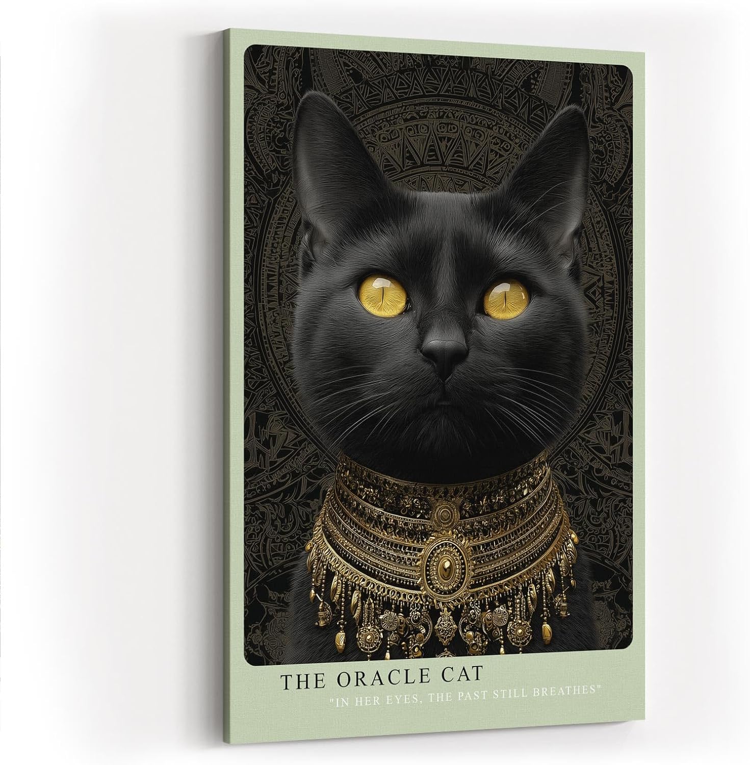Paul Sinus Wandbild in 40x60cm The Oracle Cat mit schwarzer Katze und goldenen Augen vor ornamentalem Hintergrund für edle Wandgestaltung