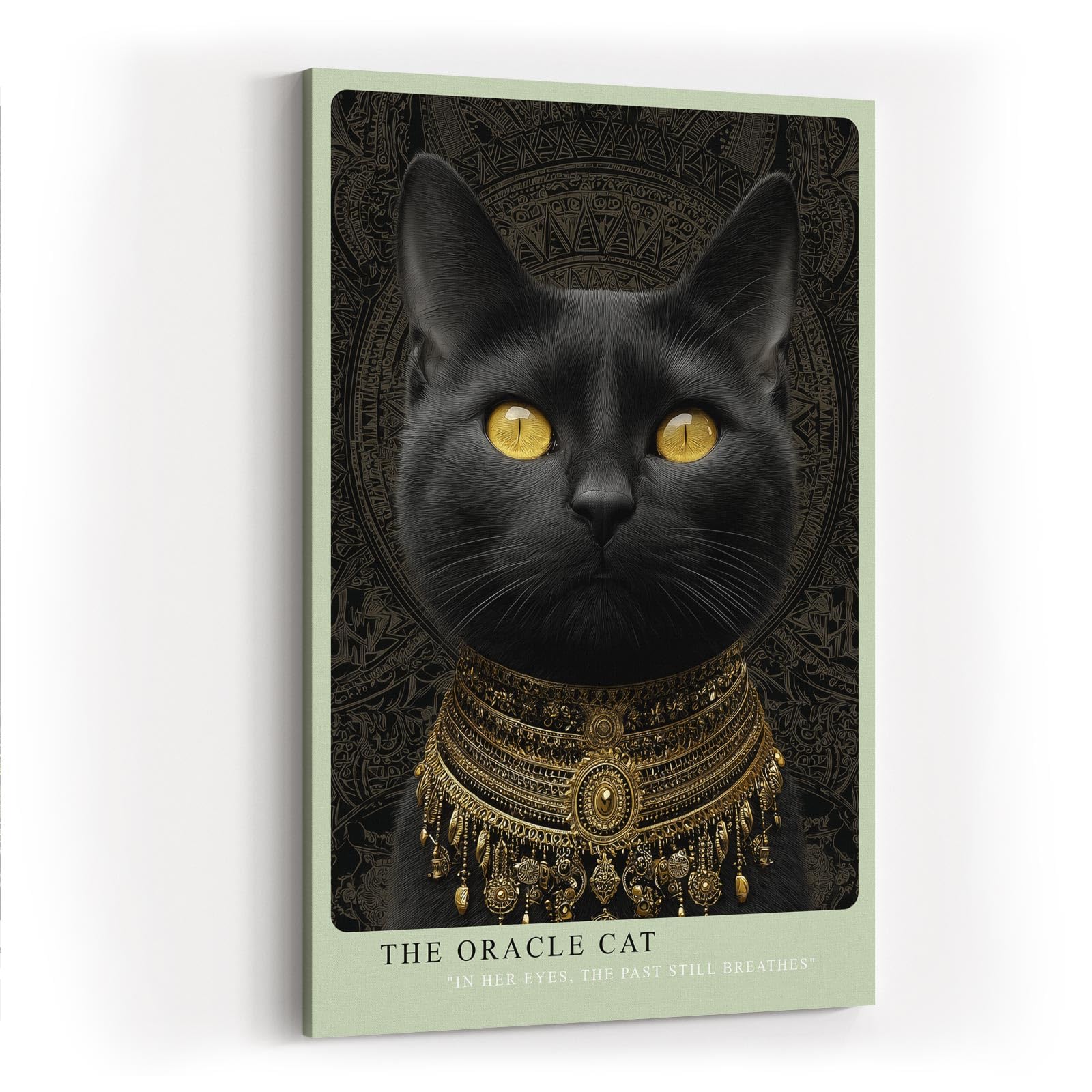 Paul Sinus Wandbild in 40x60cm The Oracle Cat mit schwarzer Katze und goldenen Augen vor ornamentalem Hintergrund für edle Wandgestaltung