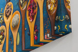 Sinus Art Wandbild 120x80cm Bunte Gewürze auf Holzlöffeln vor rustikalem Hintergrund – kulinarisch und stilvoll