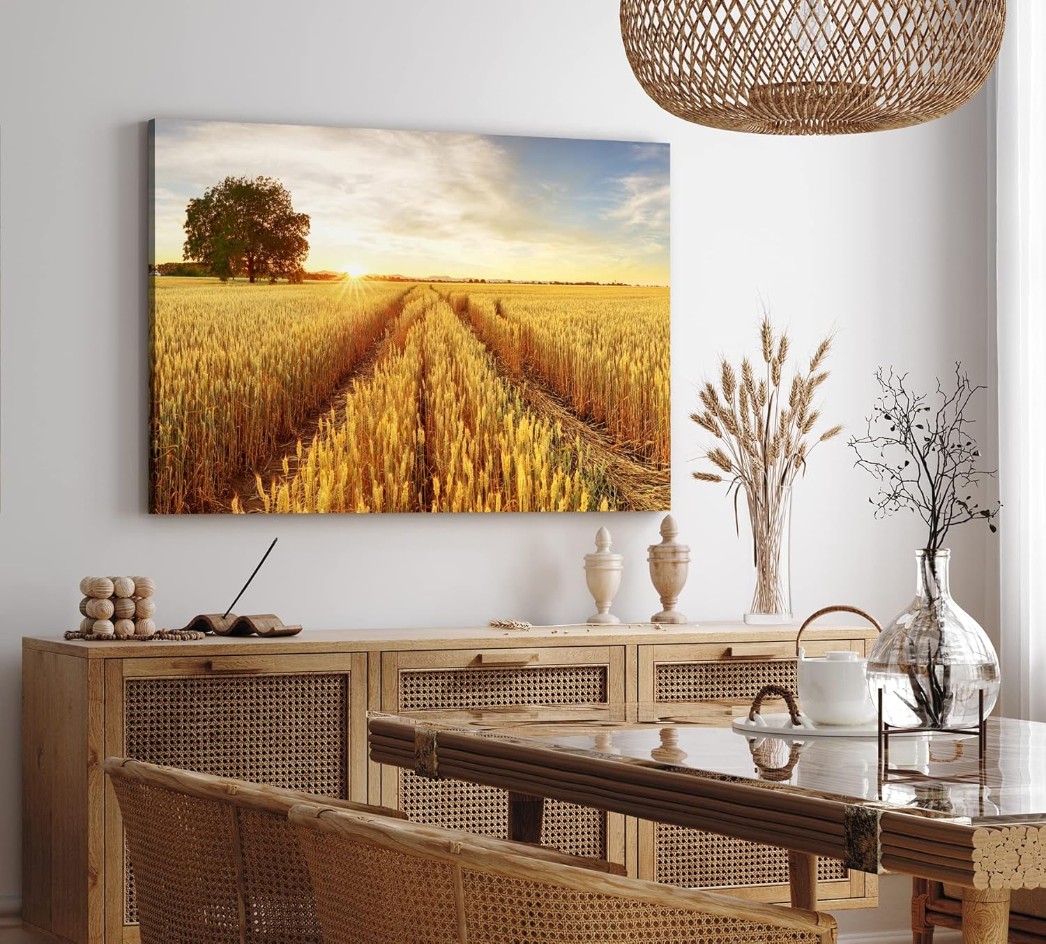 Paul Sinus Wandbild 120x80cm Weizenfeld Weizen Sonnenuntergang Baum Landschaft