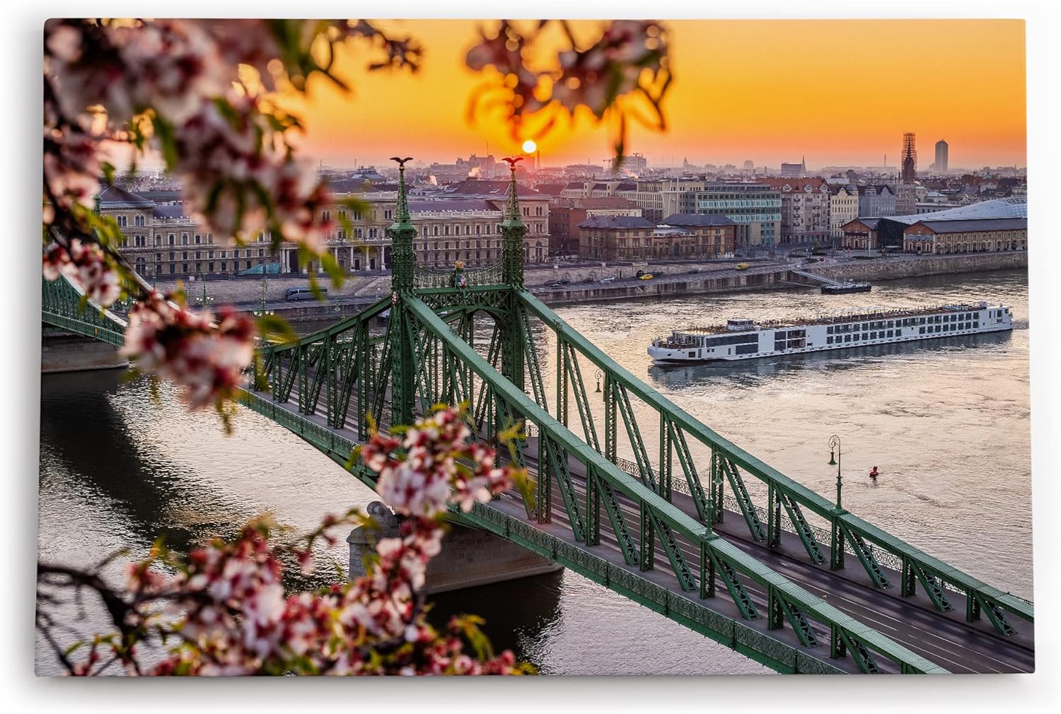 Paul Sinus Wandbild 120x80cm Freiheitsbrücke Budapest Ungarn Kanal Schiffe Sonnenuntergang