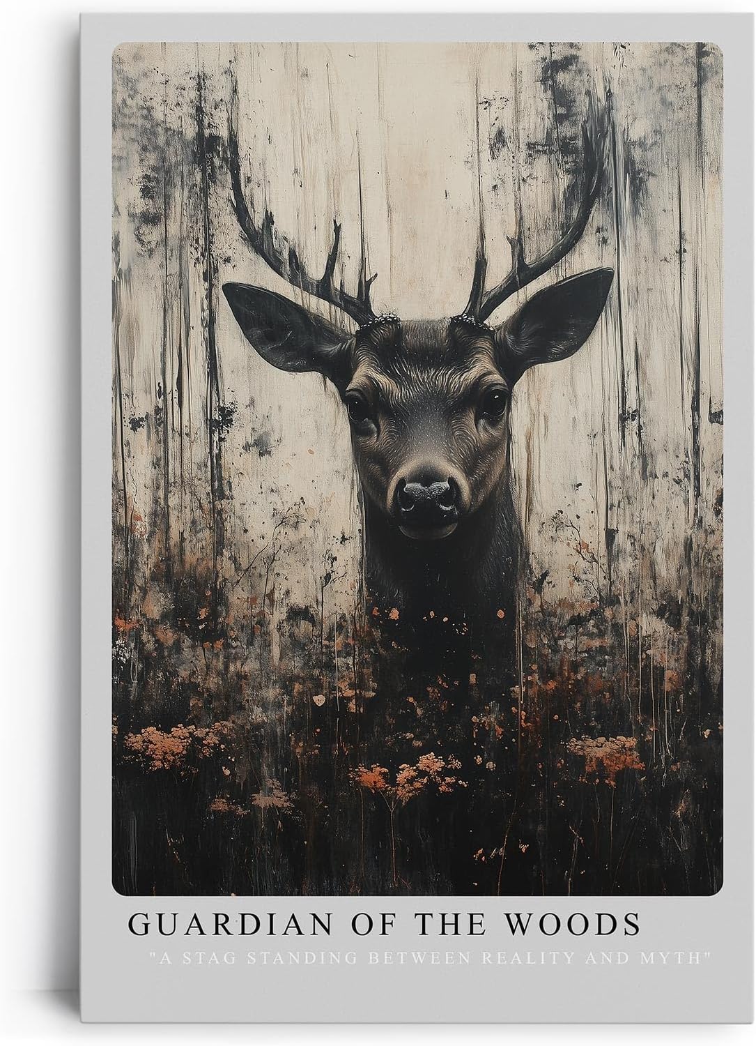 Paul Sinus Leinwandbild 60x90cm mystisches Hirschporträt mit dunkler Waldfantasie, ausdrucksstarke Wandkunst in erdigen Tönen