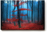 Sinus Art Wandbild 120x80cm Roter Baum vor blauem Nebel – geheimnisvoll, künstlerisch und emotional wirkungsvoll