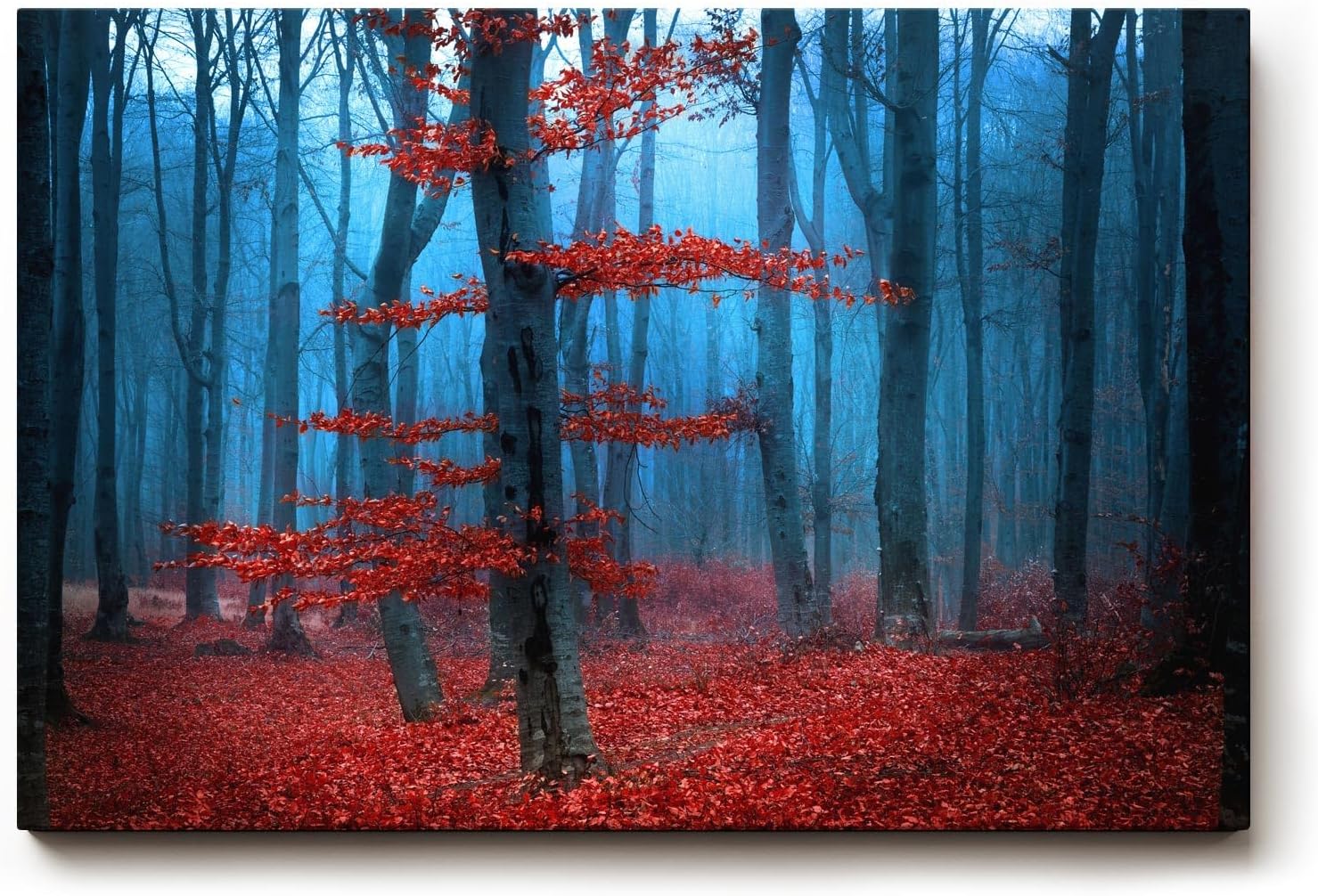 Sinus Art Wandbild 120x80cm Roter Baum vor blauem Nebel – geheimnisvoll, künstlerisch und emotional wirkungsvoll