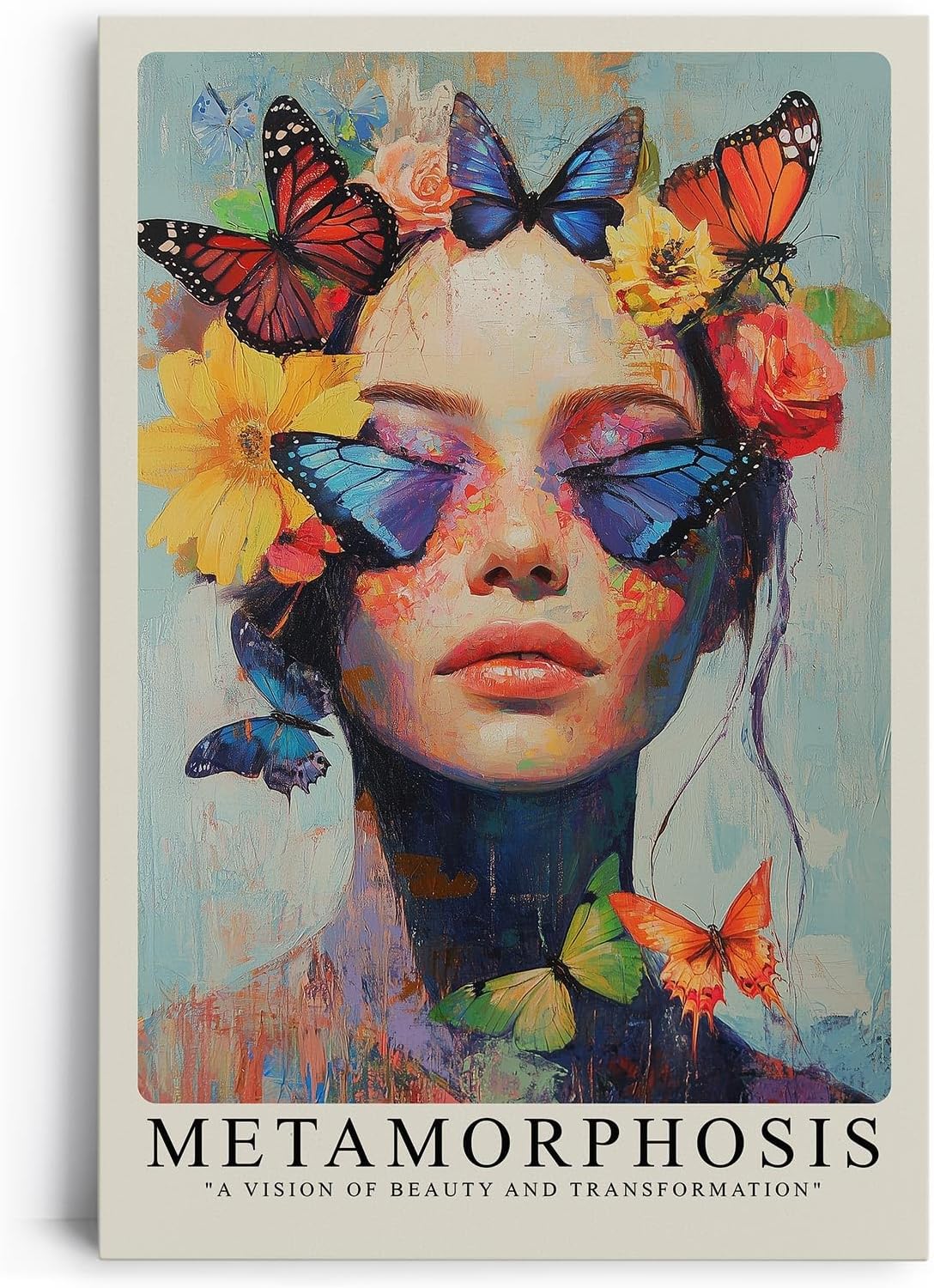 Paul Sinus Leinwandbild 40x60cm Leinwandbild Metamorphose – Ausdrucksstarke Porträtkunst mit Schmetterlingen, leuchtende Farben, surreale Schönheit