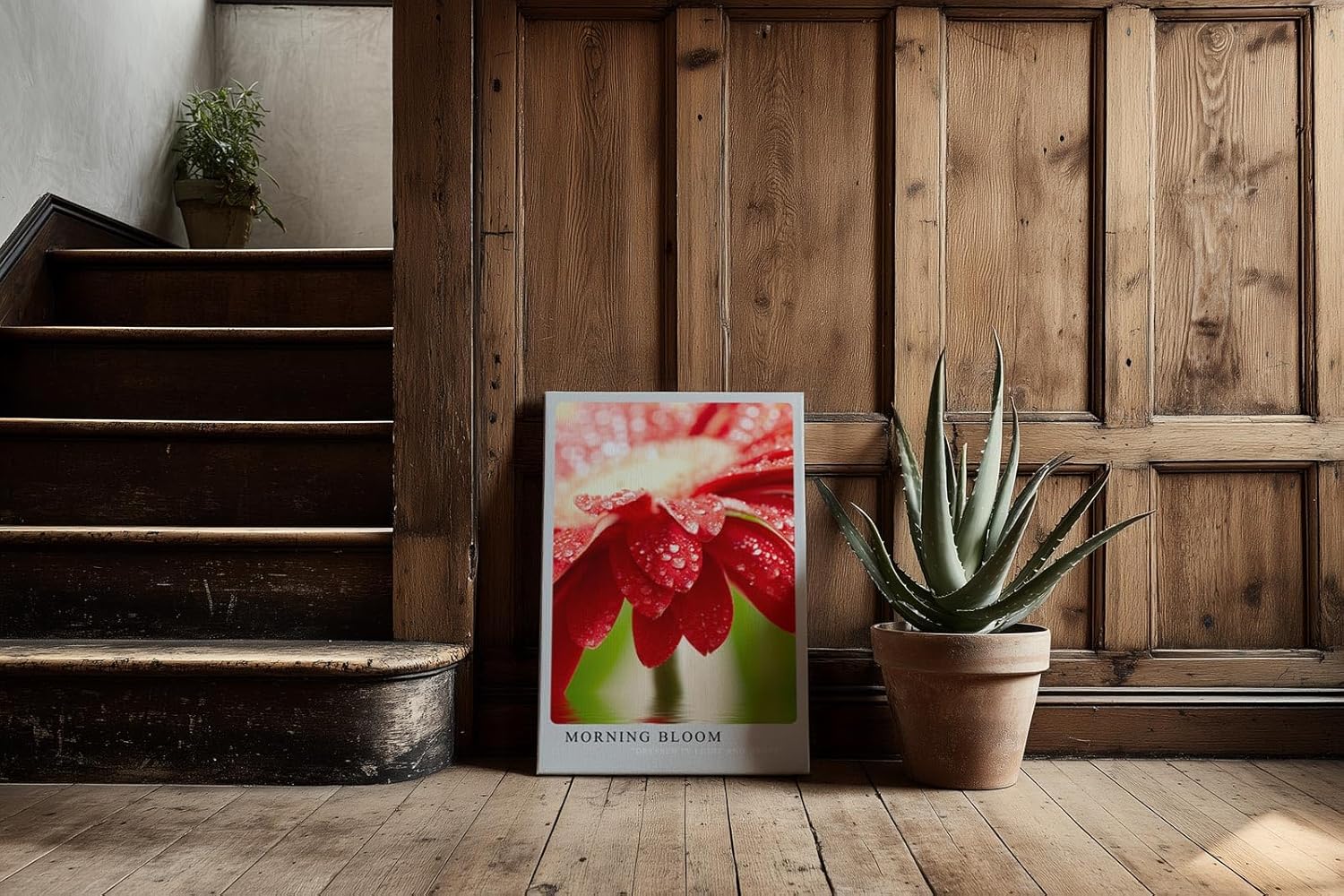 Paul Sinus Kunstdruck 40x60cm Morning Bloom – rote Blüte mit Tautropfen im Morgenlicht in Nahaufnahme