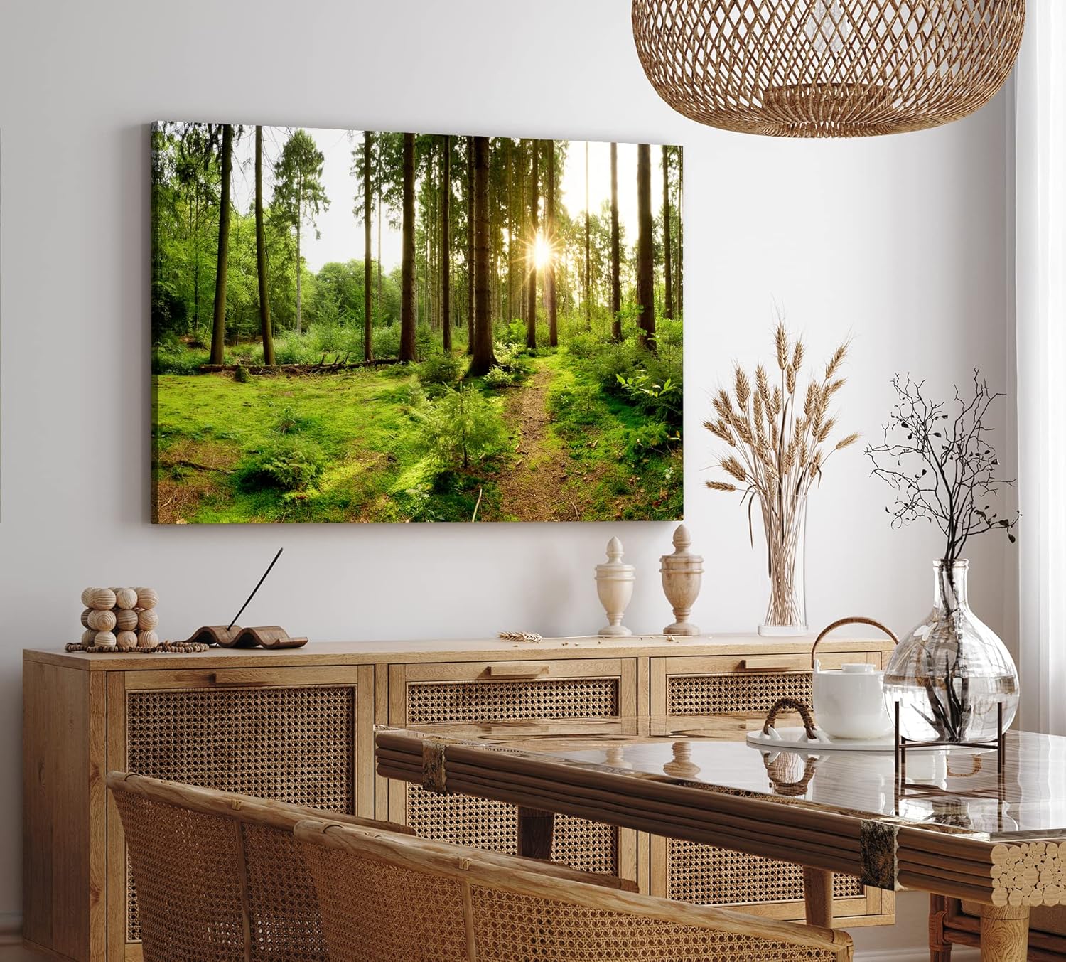 Paul Sinus Wandbild 120x80cm Fichtenwald Wald Grün Sonnenstrahlen Natur Bäume