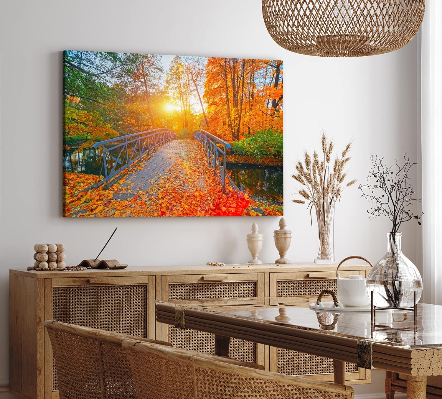 Paul Sinus Wandbild 120x80cm Herbstblätter Herbst Holzbrücke Bach Sonnenschein