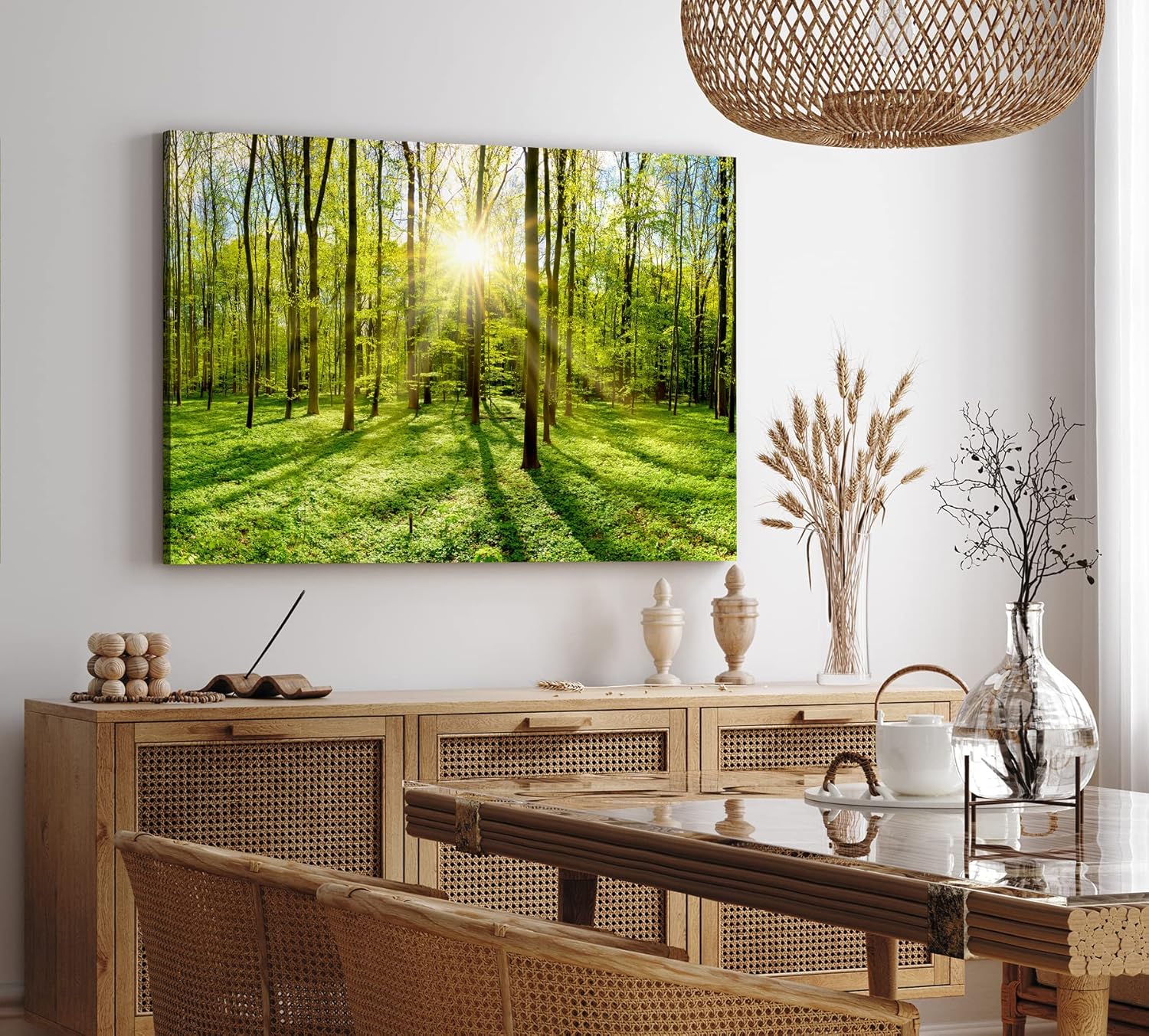 Paul Sinus Wandbild 120x80cm Grüner Wald Sonnenschein Lichtstrahlen Bäume Natur