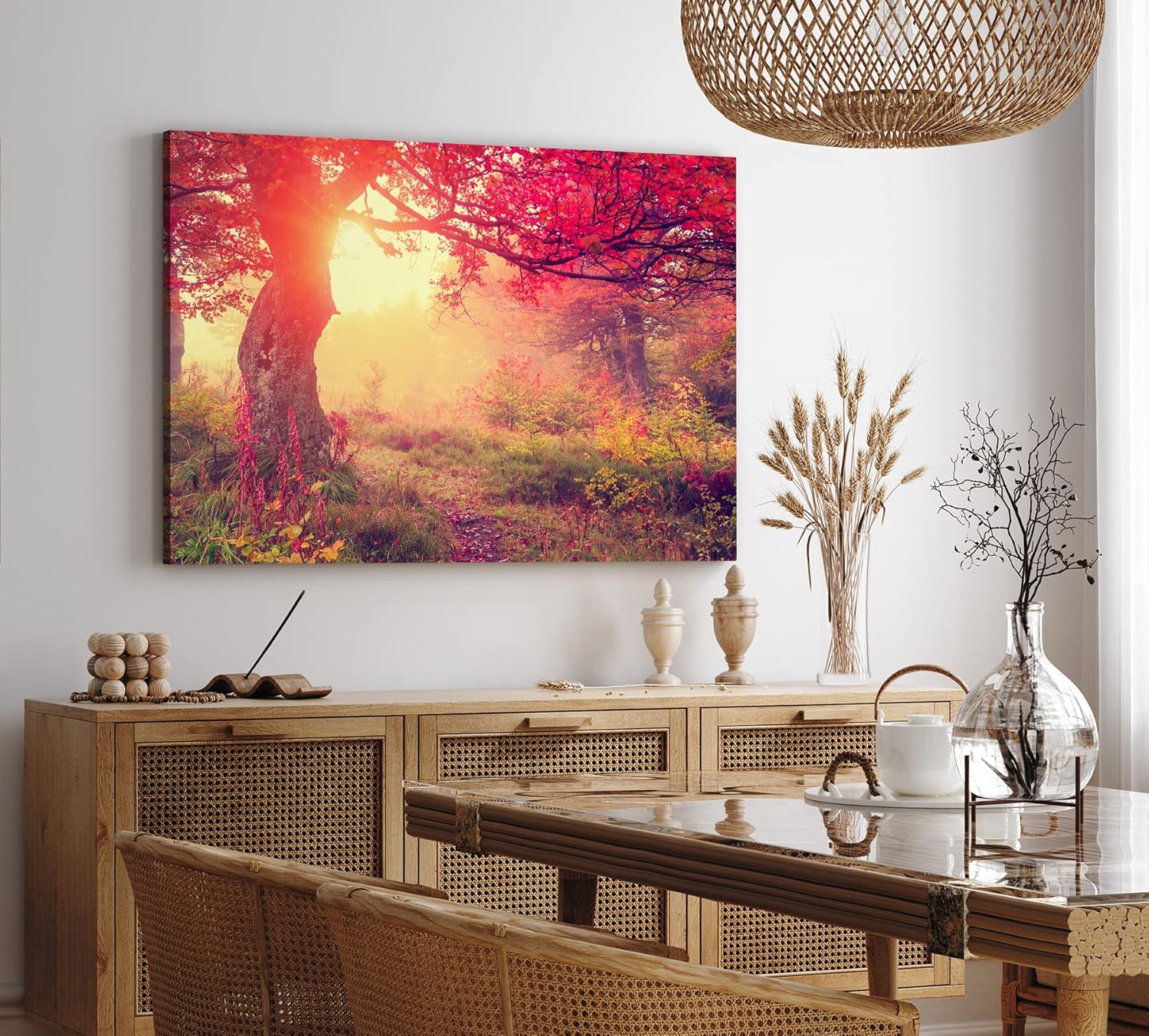 Wandbild 120x80cm Wald Herbst rote Blätter Natur Baum Eiche Sonnenschein