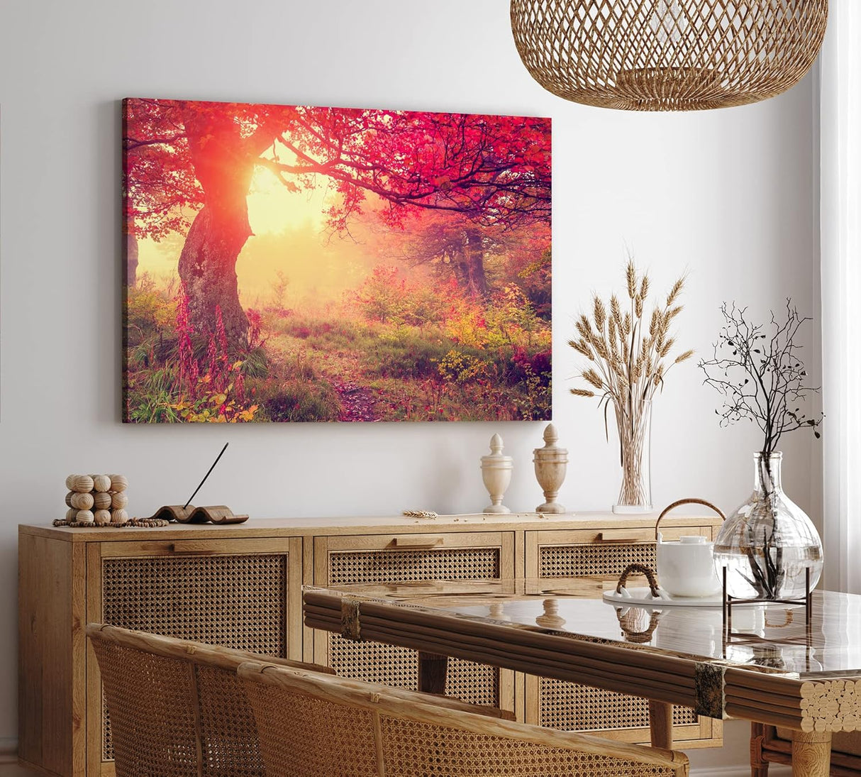 Wandbild 120x80cm Wald Herbst rote Blätter Natur Baum Eiche Sonnenschein
