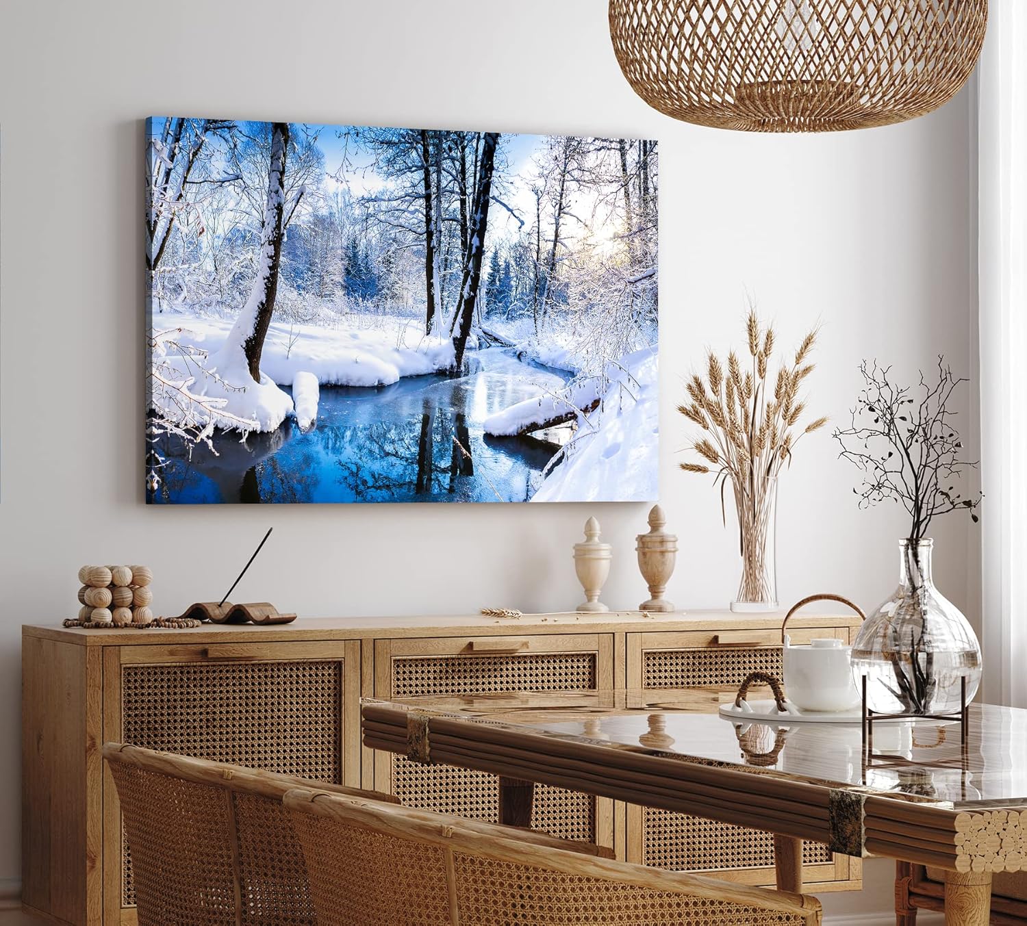 Wandbild 120x80cm Bach im Wald Winter Schnee Winterlandschaft Weiß