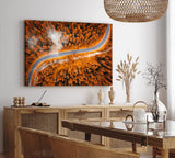 Paul Sinus Wandbild 120x80cm Luftaufnahme Wald Straße Bäume rot Herbst