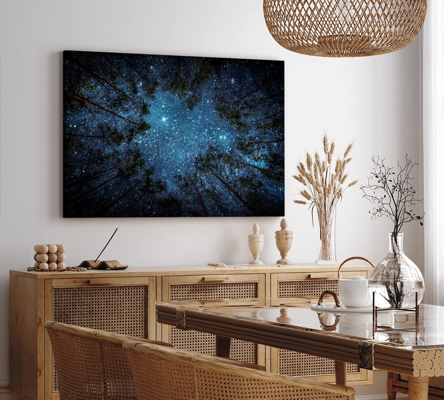 Wandbild 120x80cm Sternenhimmel Nacht Wald Bäume Baumkronen Milchstraße