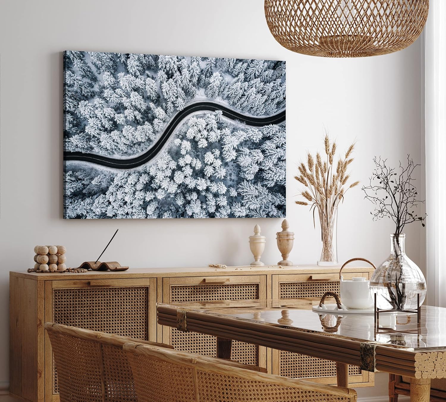 Paul Sinus Wandbild 120x80cm Wald aus der Vogelperspektive Tannenwald Waldstraße Schnee Winter