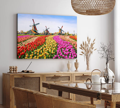 Paul Sinus Wandbild 120x80cm Holland Niederlande Windmühlen bunte Tulpen Blumenfeld