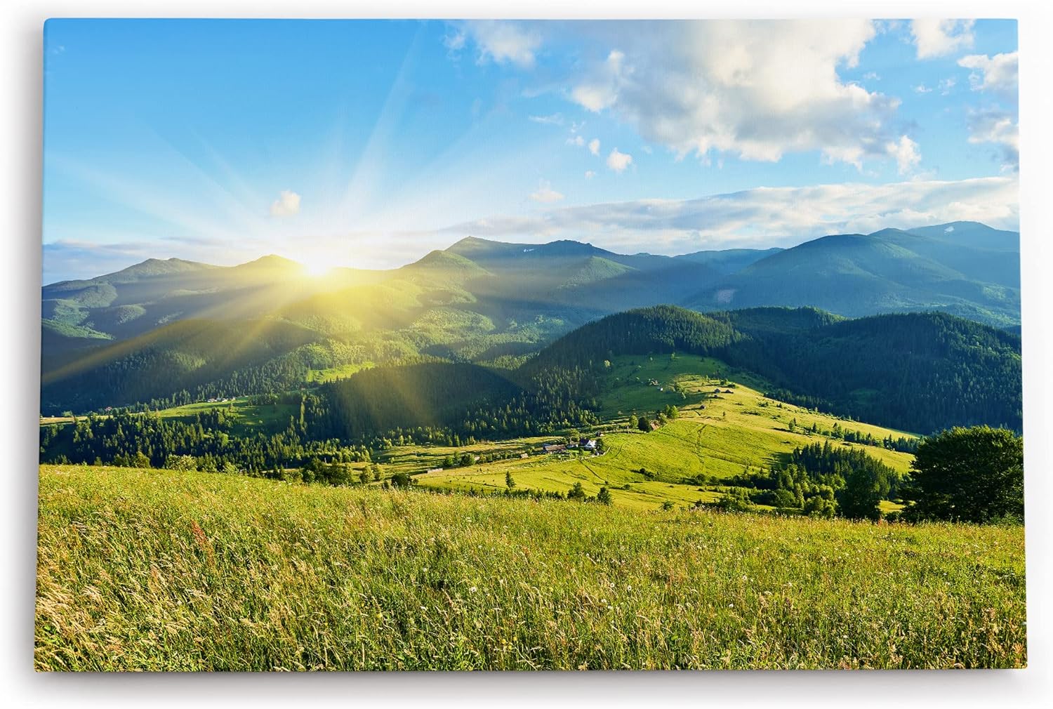 Paul Sinus Wandbild 120x80cm Alpenlandschaft Berge Gebirge Wiese Sonnenuntergang