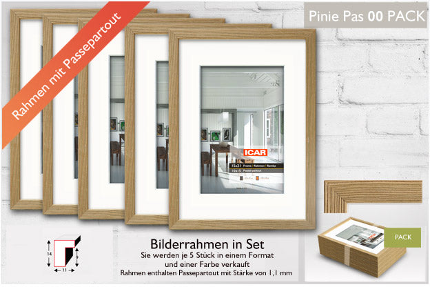Bilderrahmen im 5er-Set mit Passepartout – Pinie Natur oder Pinie Dunkel Sinus Art GmbH Jena