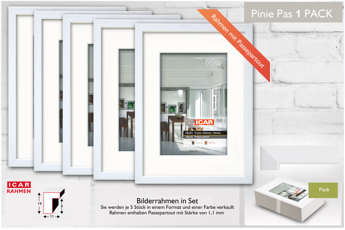 Bilderrahmen im 5er-Set mit Passepartout – Pinie Natur oder Pinie Dunkel Sinus Art GmbH Jena