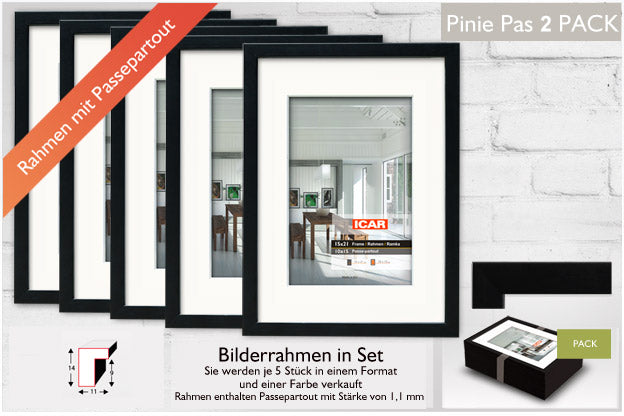 Bilderrahmen im 5er-Set mit Passepartout – Pinie Natur oder Pinie Dunkel Sinus Art GmbH Jena