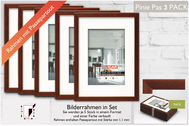 Bilderrahmen im 5er-Set mit Passepartout – Pinie Natur oder Pinie Dunkel Sinus Art GmbH Jena