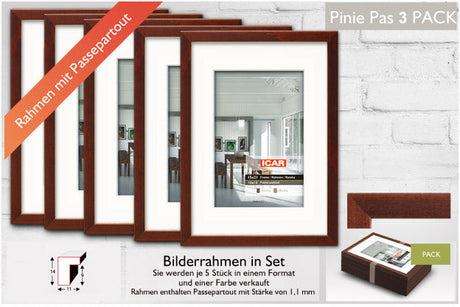Bilderrahmen im 5er-Set mit Passepartout – Pinie Natur oder Pinie Dunkel Sinus Art GmbH Jena