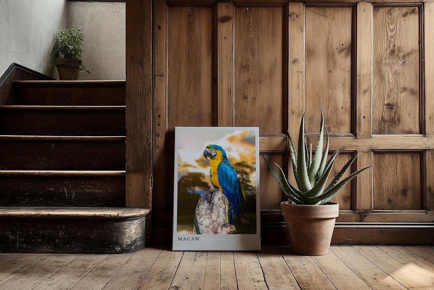 Paul Sinus Kunstdruck 40x60cm Macaw Ara auf Baumstumpf vor Dschungelhintergrund bei Sonnenuntergang