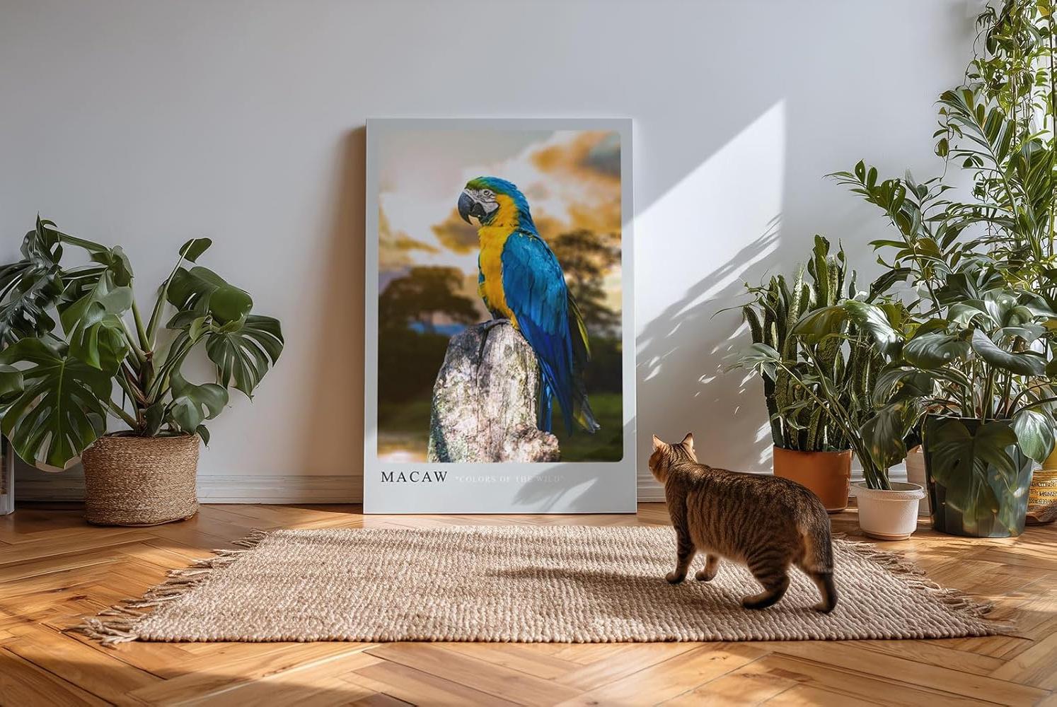 Paul Sinus Kunstdruck 40x60cm Macaw Ara auf Baumstumpf vor Dschungelhintergrund bei Sonnenuntergang