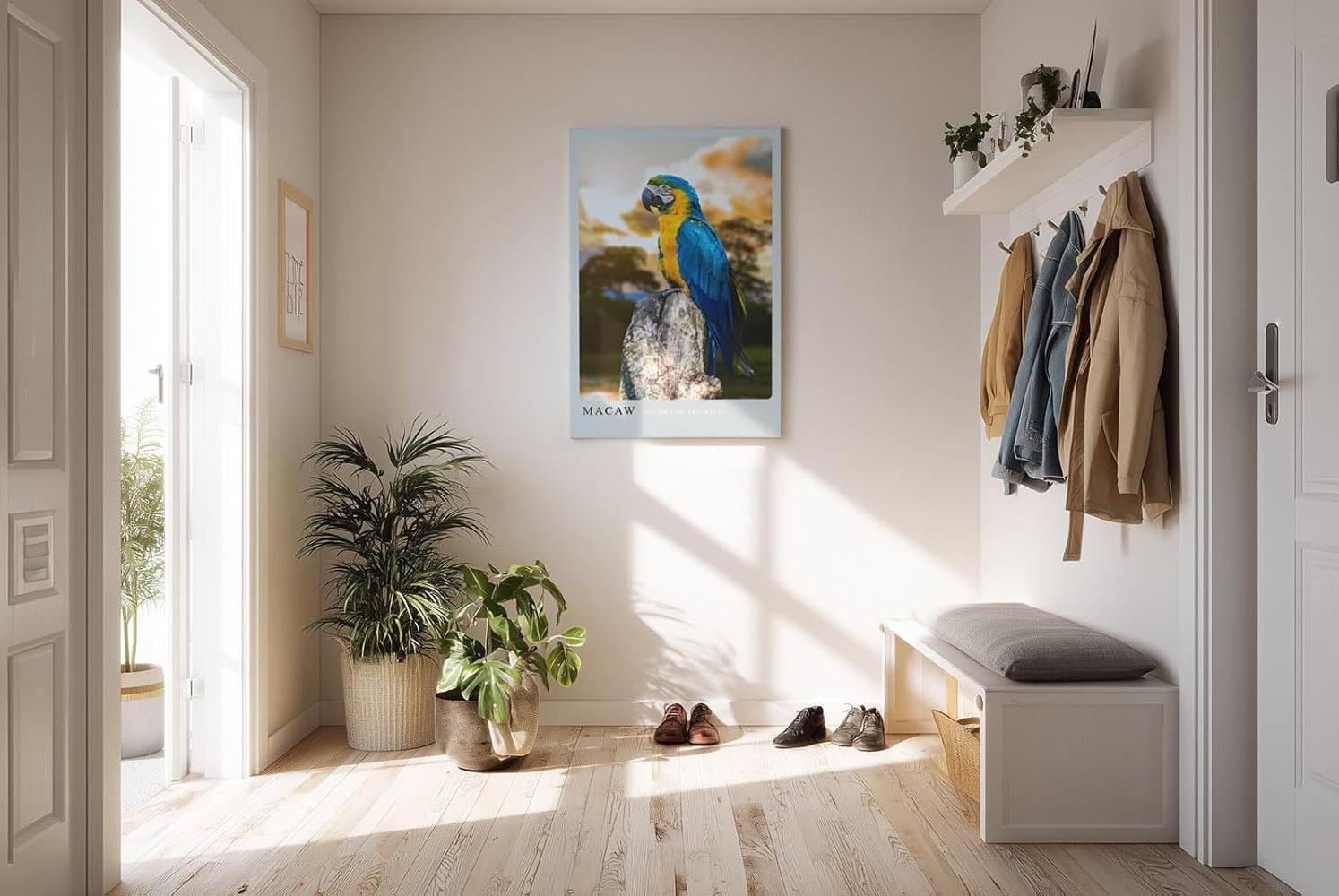 Paul Sinus Kunstdruck 40x60cm Macaw Ara auf Baumstumpf vor Dschungelhintergrund bei Sonnenuntergang