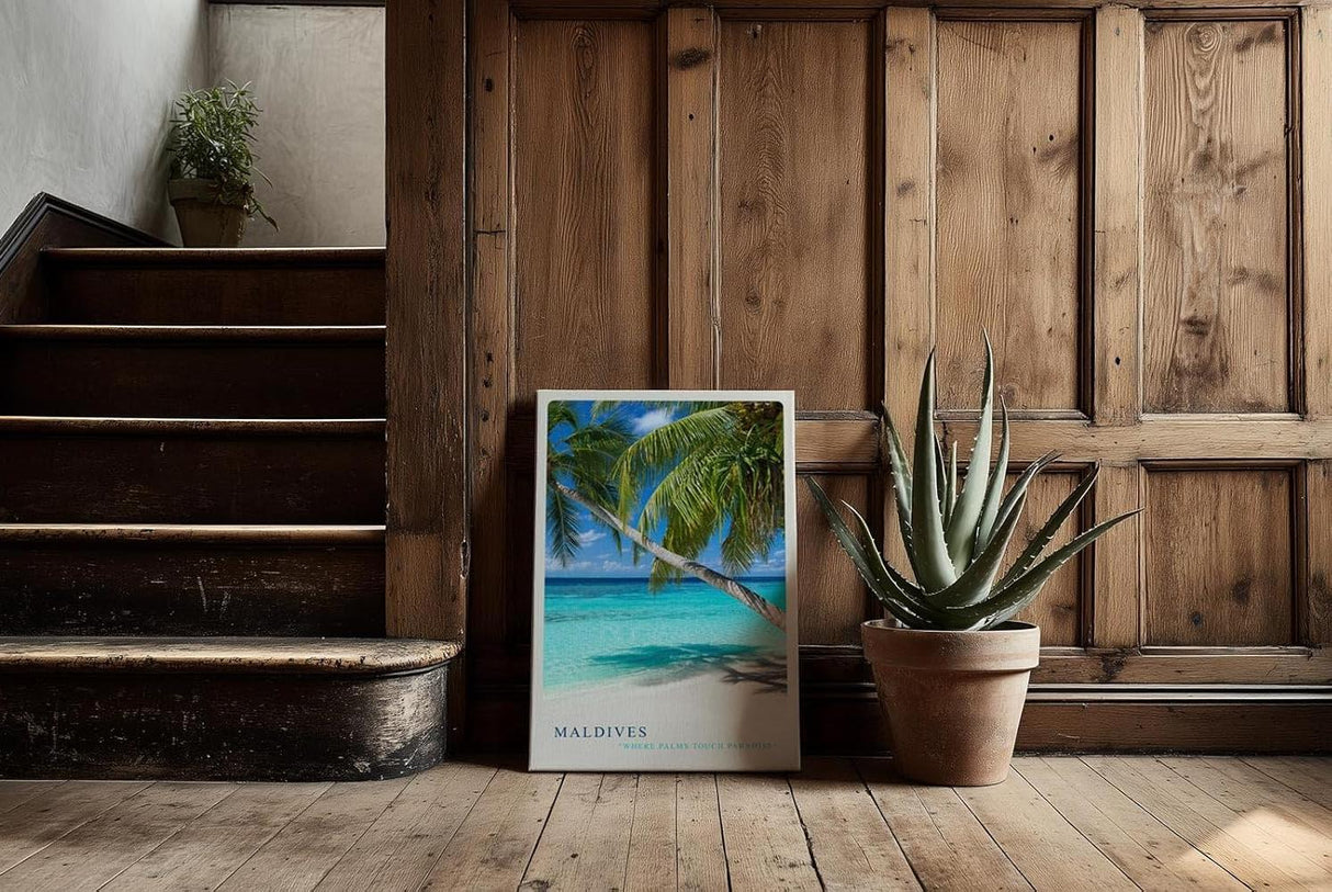 Paul Sinus Kunstdruck 40x60cm Maldives Palmenstrand mit türkisblauem Meer und weißem Sand unter strahlendem Himmel