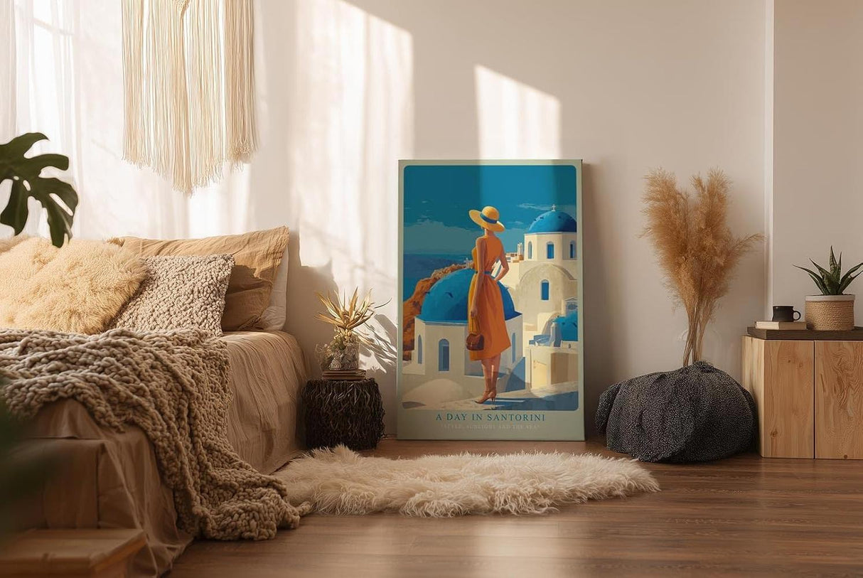 Paul Sinus Wandbild in 40x60cm A Day in Santorini – Frau in orangefarbenem Kleid mit Strohhut vor blau-weißen Kuppeln, sonnige Mittelmeerstimmung