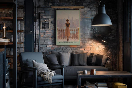 Paul Sinus Wandbild in 40x60cm A Daydream in New York – Frau auf Balkon mit Blick auf Skyline im sanften Licht, romantisches Stadtmotiv