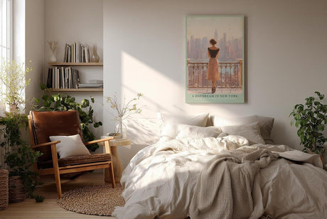 Paul Sinus Wandbild in 40x60cm A Daydream in New York – Frau auf Balkon mit Blick auf Skyline im sanften Licht, romantisches Stadtmotiv