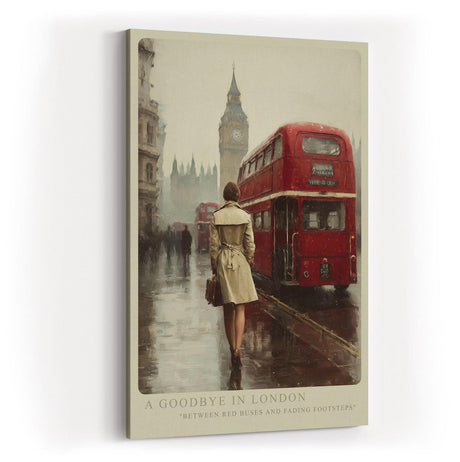 Paul Sinus Wandbild in 40x60cm A Goodbye in London – Rote Doppeldeckerbusse und Big Ben im Hintergrund, nostalgische Stadtszene im Regen