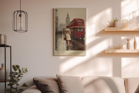 Paul Sinus Wandbild in 40x60cm A Goodbye in London – Rote Doppeldeckerbusse und Big Ben im Hintergrund, nostalgische Stadtszene im Regen