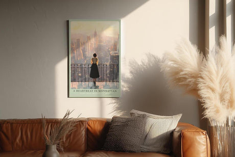 Paul Sinus Wandbild in 40x60cm A Heartbeat in Manhattan – Frau auf Balkon mit Blick auf New Yorker Skyline im Abendlicht, stimmungsvolles Stadtmotiv