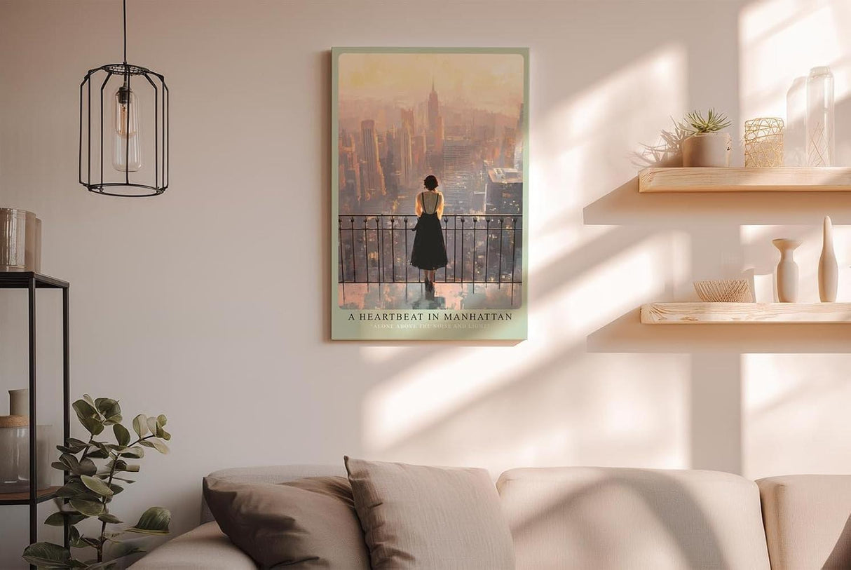 Paul Sinus Wandbild in 40x60cm A Heartbeat in Manhattan – Frau auf Balkon mit Blick auf New Yorker Skyline im Abendlicht, stimmungsvolles Stadtmotiv