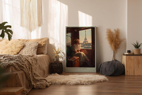 Paul Sinus Wandbild in 40x60cm A Journey to Love – Frau im Zug mit Blick auf den Eiffelturm, warmes Abendlicht, romantisches Paris-Motiv im Vintage-Stil