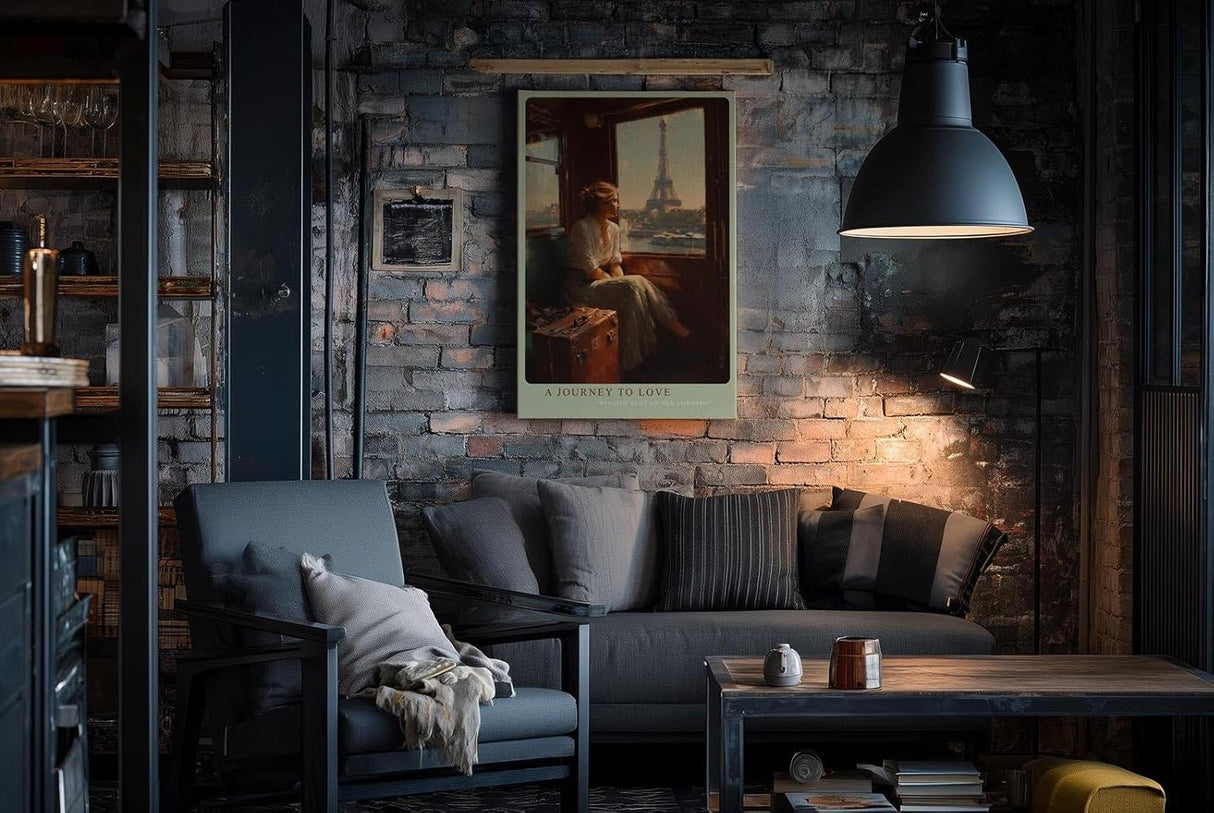 Paul Sinus Wandbild in 40x60cm A Journey to Love – Frau im Zug mit Blick auf den Eiffelturm, warmes Abendlicht, romantisches Paris-Motiv im Vintage-Stil