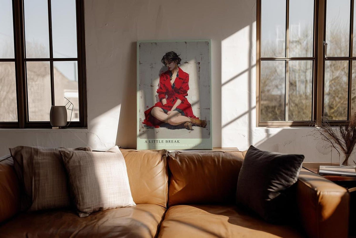 Paul Sinus Wandbild in 40x60cm A Little Break stilvolle Frau im roten Mantel sitzend in moderner Bilder-Optik für elegante Wohnakzente