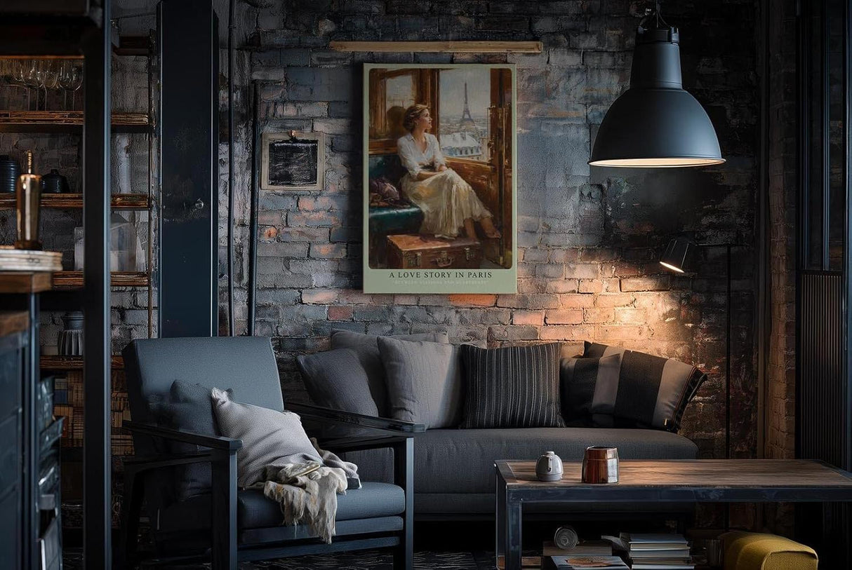 Paul Sinus Wandbild in 40x60cm A Love Story in Paris – Romantische Bahnszene mit Blick auf den Eiffelturm, elegante Frau am Zugfenster, nostalgische Stadtkunst