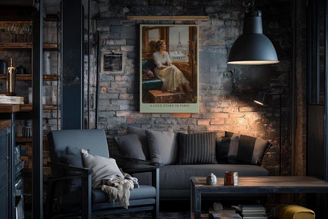 Paul Sinus Wandbild in 40x60cm A Love Story in Paris – Romantische Bahnszene mit Blick auf den Eiffelturm, elegante Frau am Zugfenster, nostalgische Stadtkunst